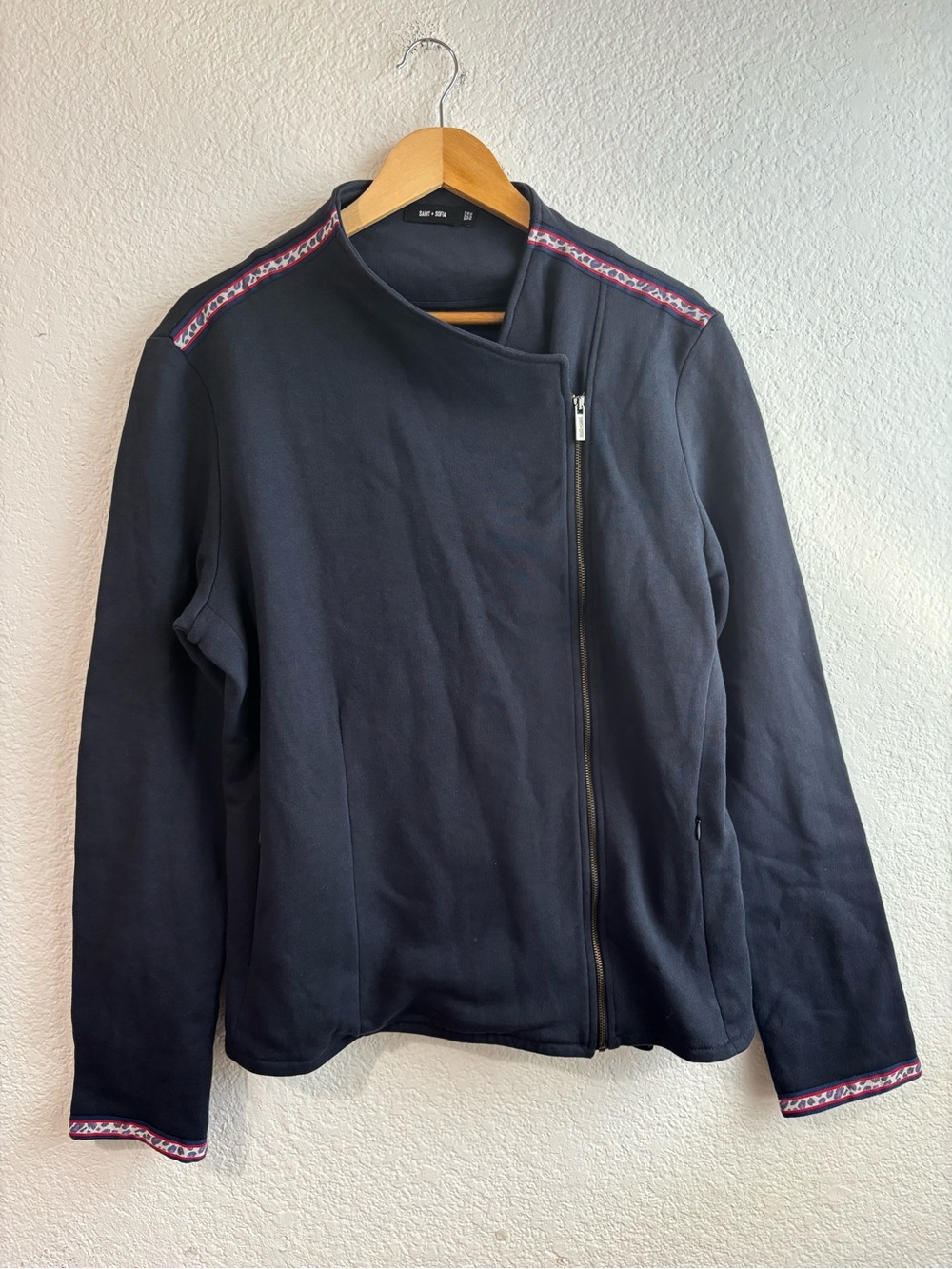 Saint + Sofia Women’s Navy Bomber Jacket with Decorative Trim Animal Print